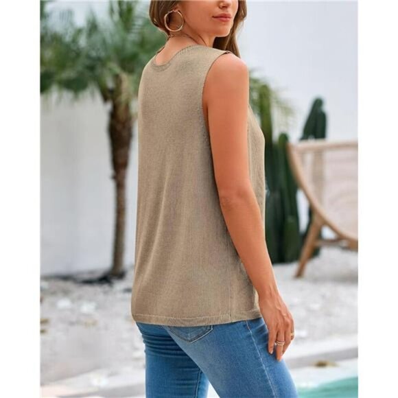 Womens Ribbed Knit Sleeveless Sweater Vest Crew Neck Summer Tank Top - Picture 3 of 7